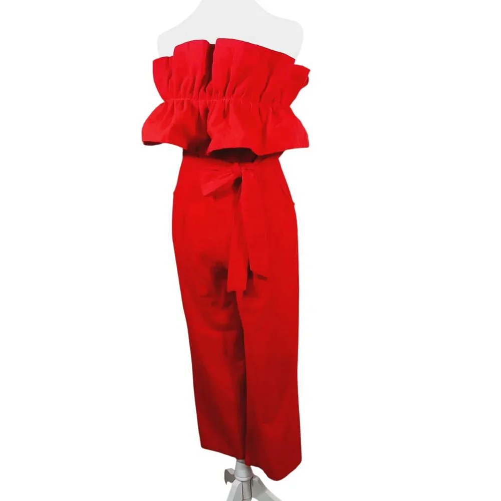 Ambition, Med., Red Strapless Linen Blend Jumpsuit W/ Ruffled Top, Calf Length - Picture 3 of 13